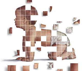 A baby being built out of puzzle pieces.